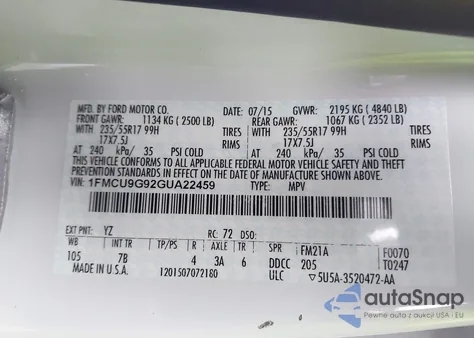 2016 Ford Escape Se из США, поврежденный, VIN 1FMCU9G92GUA22459